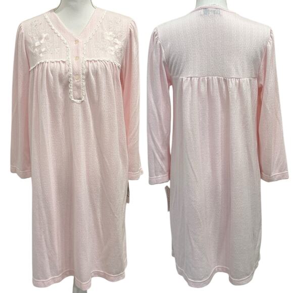 Miss Elaine Petites NWT Pastel Pink Floral Embroidered Knit Nightgown Coquette - Picture 1 of 11